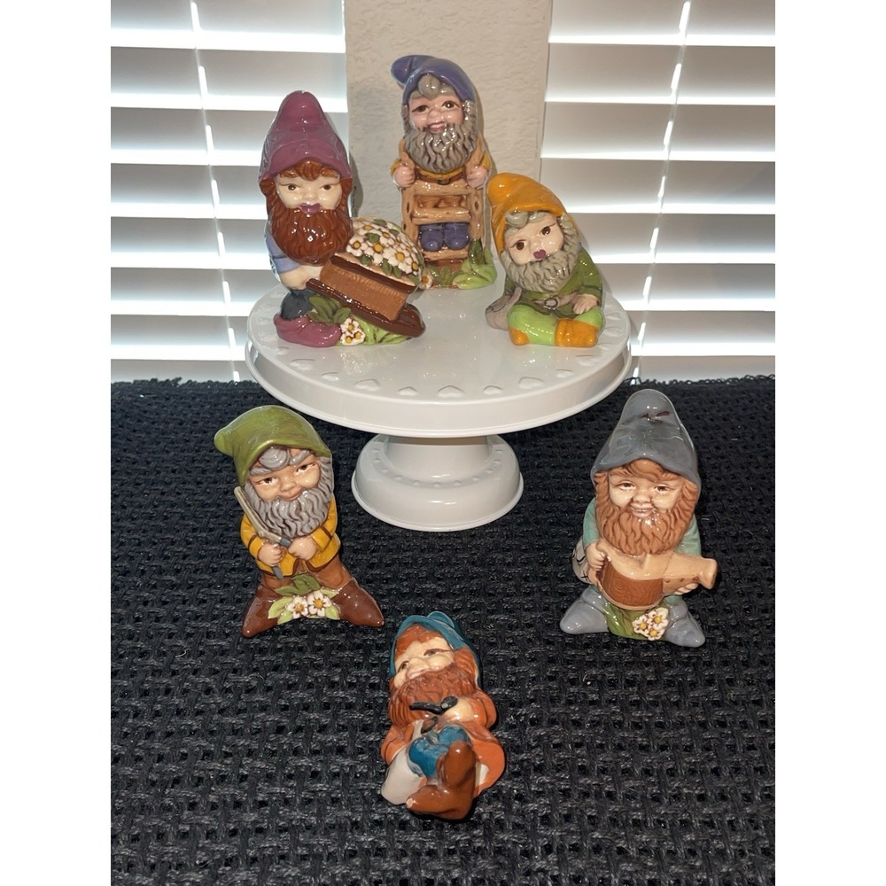 Vintage Ceramic Garden Gnomes / Dwarfs Set Of 7 & Hand Painted 1970s